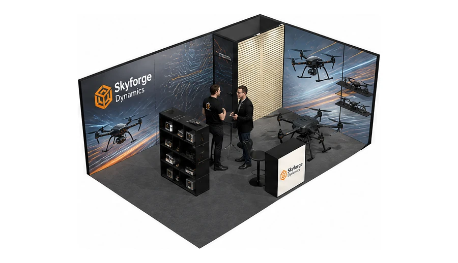 Stoisko 6 × 4 m narożne prawe dla branży drony i robotyka, przykładowa marka Skyforge Dynamics