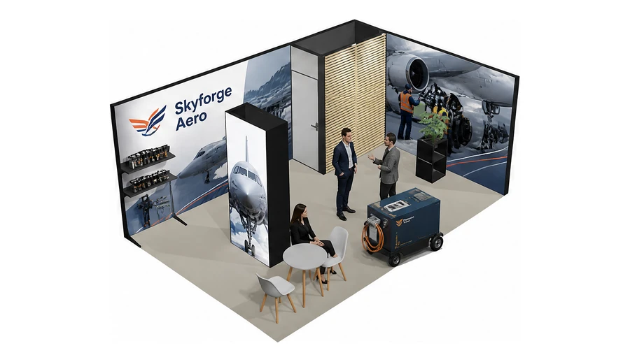 Stoisko 6 × 4 m narożne prawe dla branży lotnictwo, przykładowa marka Skyforge Aero