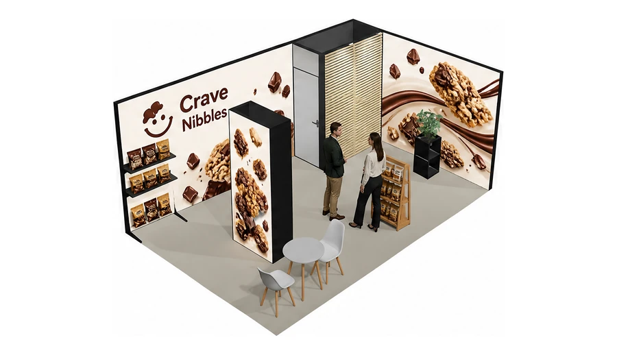 Stoisko 6 × 4 m narożne prawe dla branży słodycze i przekąski, przykładowa marka Crave Nibbles