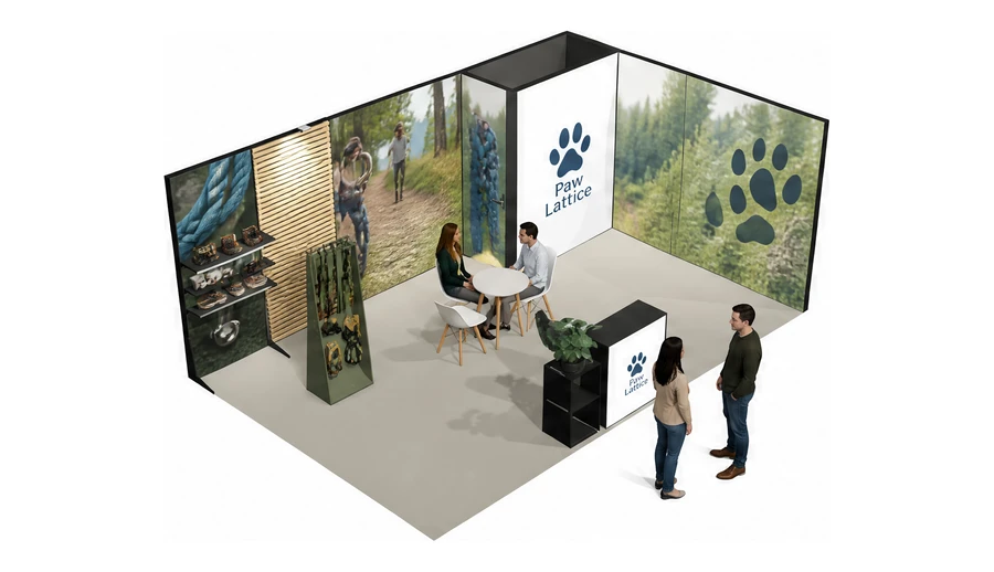 Stoisko 6 × 4 m narożne prawe dla branży akcesoria dla zwierząt, przykładowa marka Paw Lattice