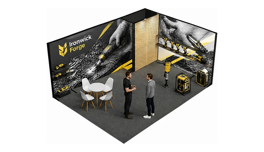 Stoisko 6 × 4 m narożne prawe dla branży elektronarzędzia, przykładowa marka Ironwick Forge