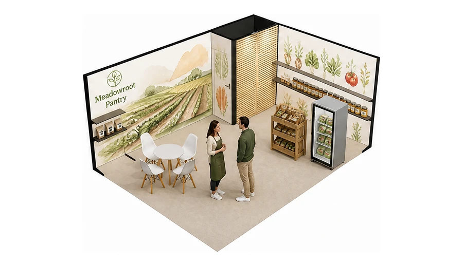 Stoisko 6 × 4 m narożne prawe dla branży żywność ekologiczna, przykładowa marka Meadowroot Pantry