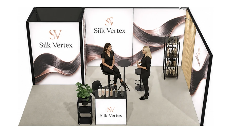 Stoisko 6 × 4 m narożne prawe dla branży fryzjerstwo i salony beauty, przykładowa marka Silk Vertex
