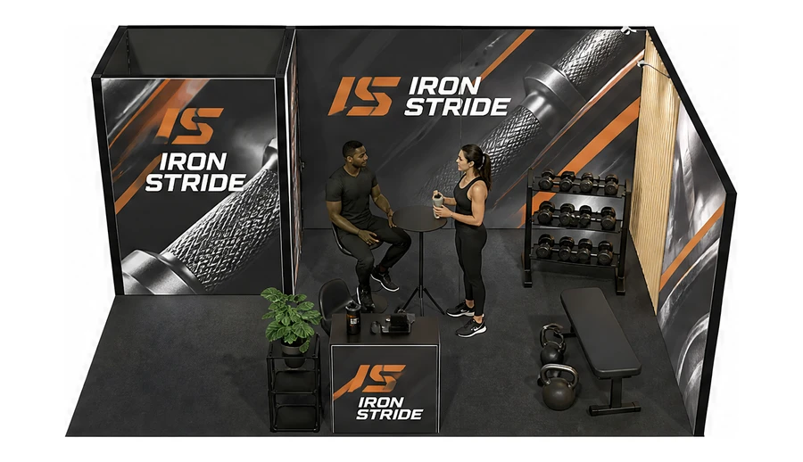 Stoisko 6 × 4 m narożne prawe dla branży fitness i siłownie, przykładowa marka Iron Stride