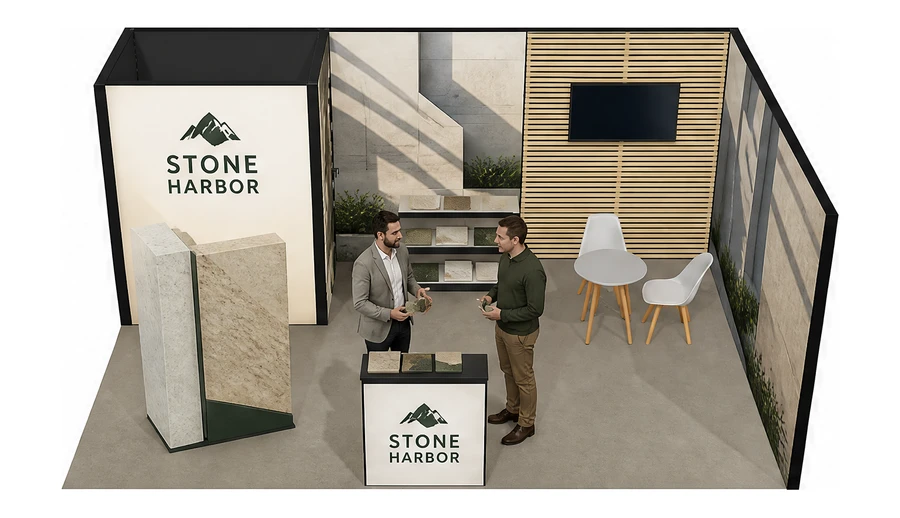 Stoisko 6 × 4 m narożne prawe dla branży materiały budowlane, przykładowa marka Stone Harbor