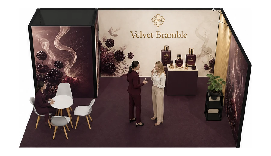 Stoisko 6 × 4 m narożne prawe dla branży perfumy, przykładowa marka Velvet Bramble