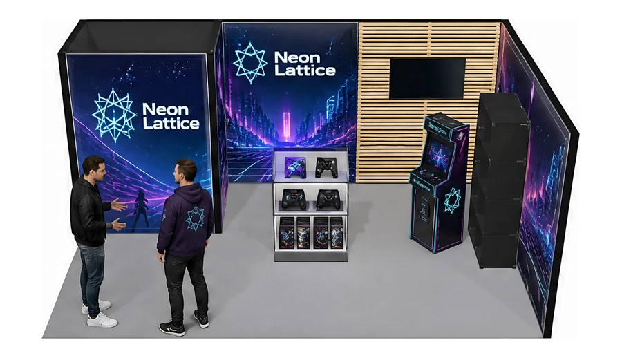 Stoisko 6 × 4 m narożne prawe dla branży gry wideo, przykładowa marka Neon Lattice