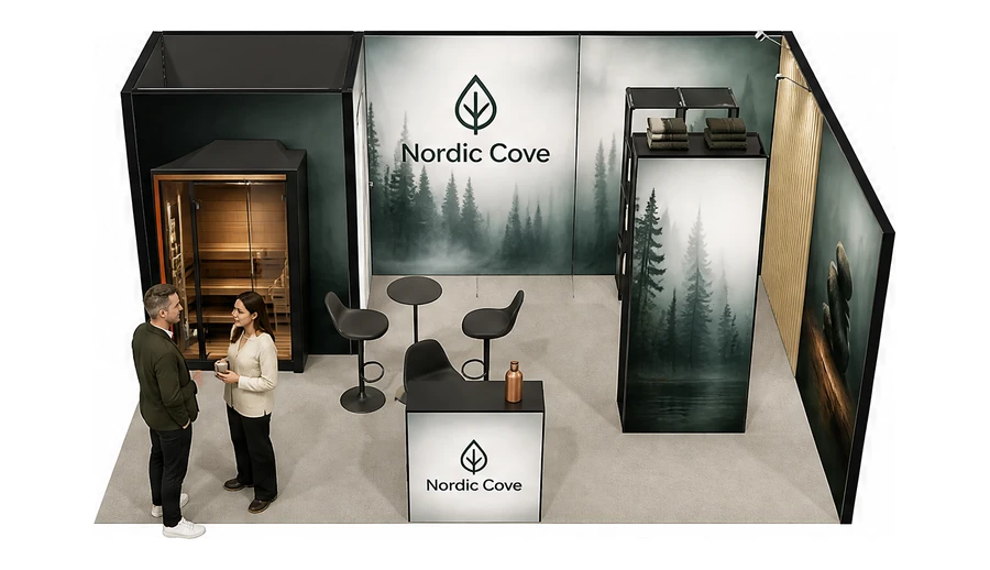 Stoisko 6 × 4 m narożne prawe dla branży baseny i sauny, przykładowa marka Nordic Cove