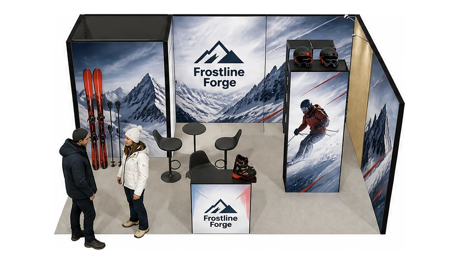Stoisko 6 × 4 m narożne prawe dla branży narciarstwo i sporty zimowe, przykładowa marka Frostline Forge