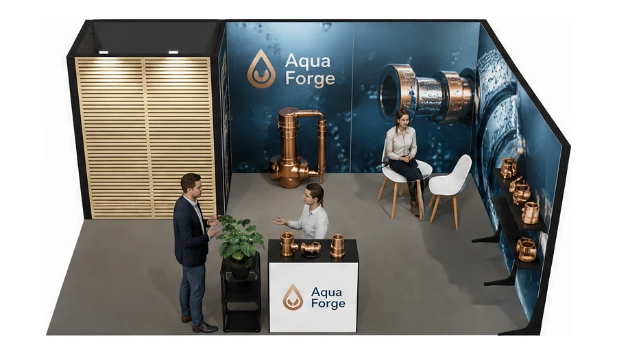 Stoisko 6 × 4 m narożne prawe dla branży instalacje wodno-kanalizacyjne, przykładowa marka Aqua Forge
