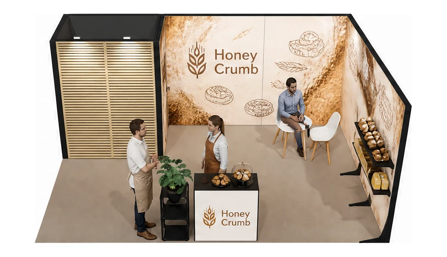 Stoisko 6 × 4 m narożne prawe dla branży piekarnictwo i cukiernictwo, przykładowa marka Honey Crumb