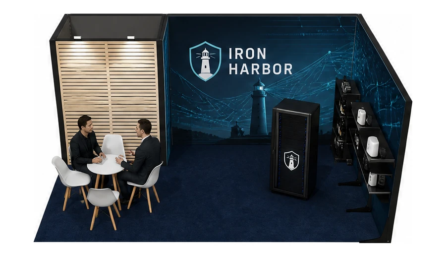 Stoisko 6 × 4 m narożne prawe dla branży cyberbezpieczeństwo, przykładowa marka Iron Harbor
