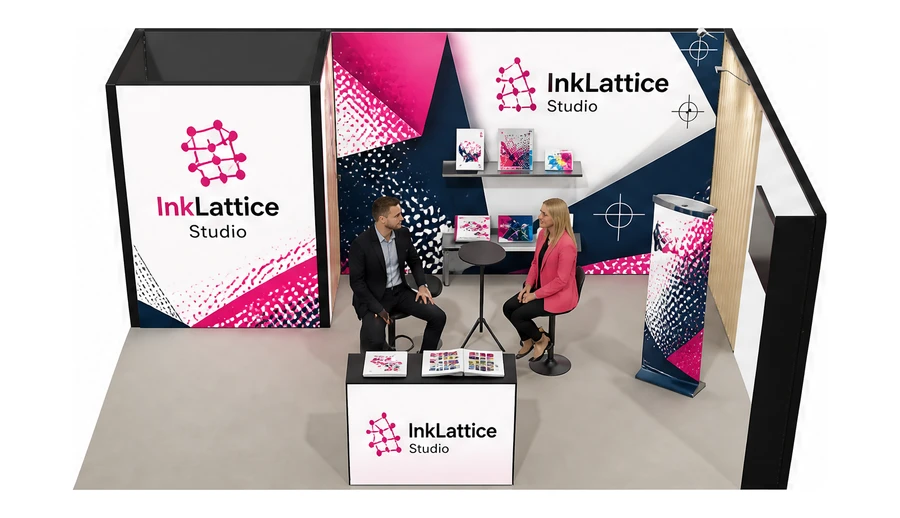 Stoisko 6 × 4 m narożne prawe dla branży reklama i druk, przykładowa marka InkLattice Studio