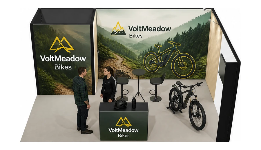 Stoisko 6 × 4 m narożne prawe dla branży rowery elektryczne, przykładowa marka VoltMeadow Bikes