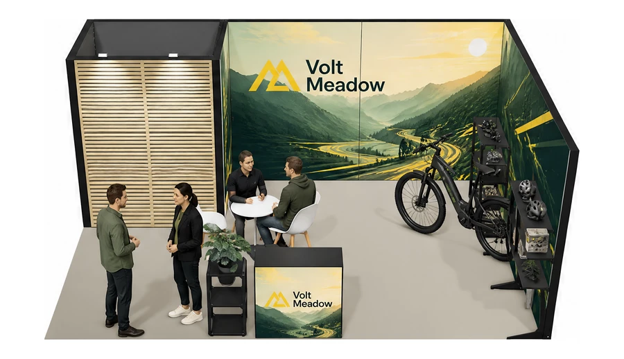 Stoisko 6 × 4 m narożne prawe dla branży rowery elektryczne, przykładowa marka Volt Meadow