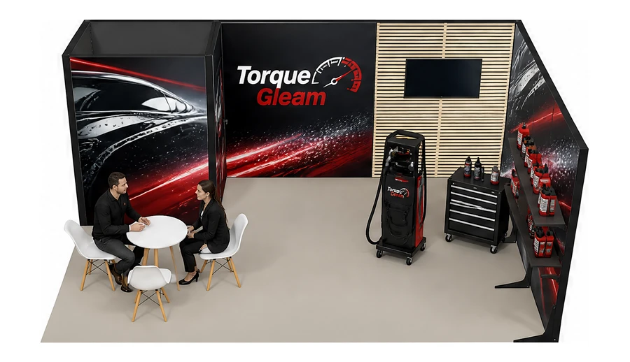 Stoisko 6 × 4 m narożne prawe dla branży tuning i detailing, przykładowa marka Torque Gleam
