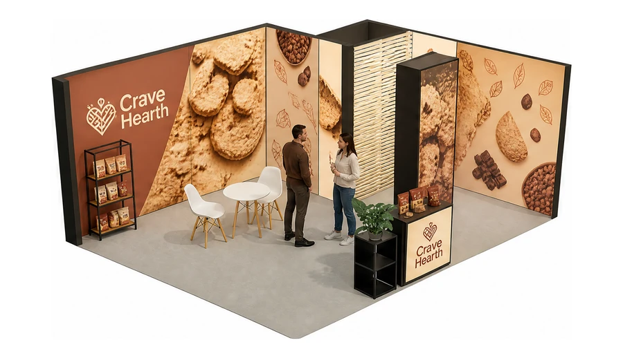 Stoisko 6 × 4 m narożne prawe dla branży słodycze i przekąski, przykładowa marka Crave Hearth