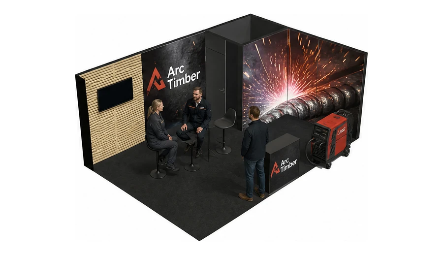 Stoisko 6 × 4 m narożne prawe dla branży spawalnictwo, przykładowa marka Arc Timber