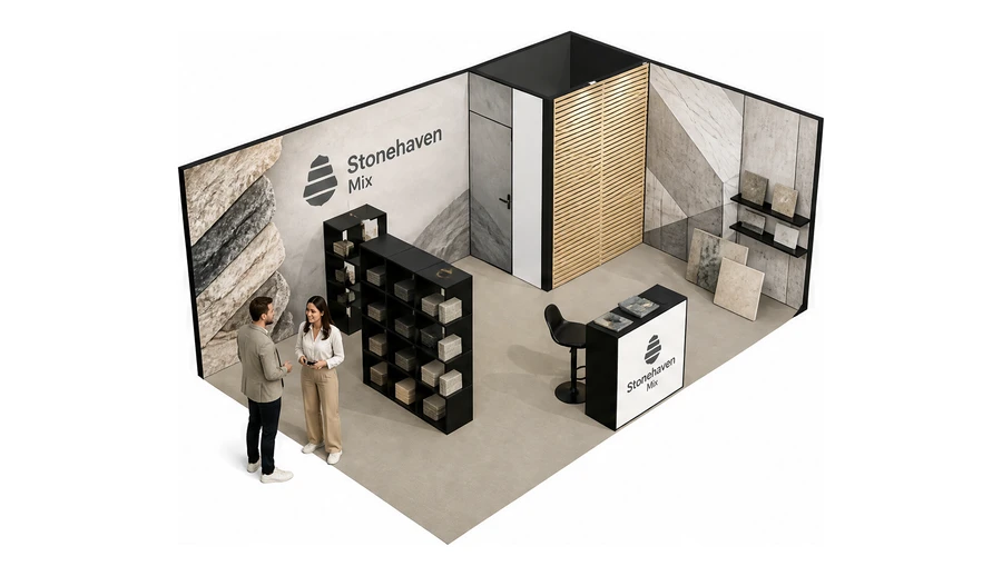 Stoisko 6 × 4 m narożne prawe dla branży materiały budowlane, przykładowa marka Stonehaven Mix