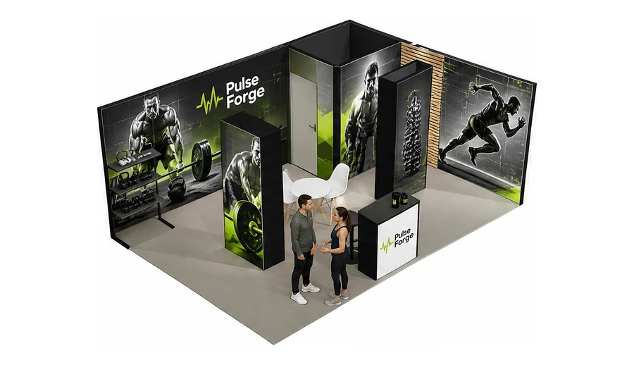 Stoisko 6 × 4 m narożne prawe dla branży fitness i siłownie, przykładowa marka Pulse Forge