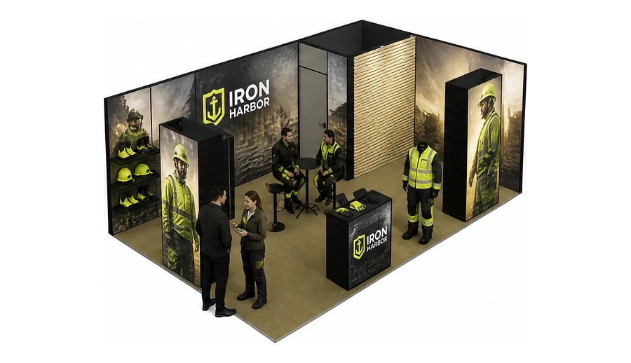 Stoisko 6 × 4 m narożne prawe dla branży BHP i odzież ochronna, przykładowa marka Iron Harbor