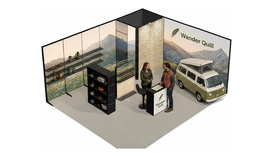 Stoisko 6 × 4 m narożne prawe dla branży caravaning i kampery, przykładowa marka Wander Quill