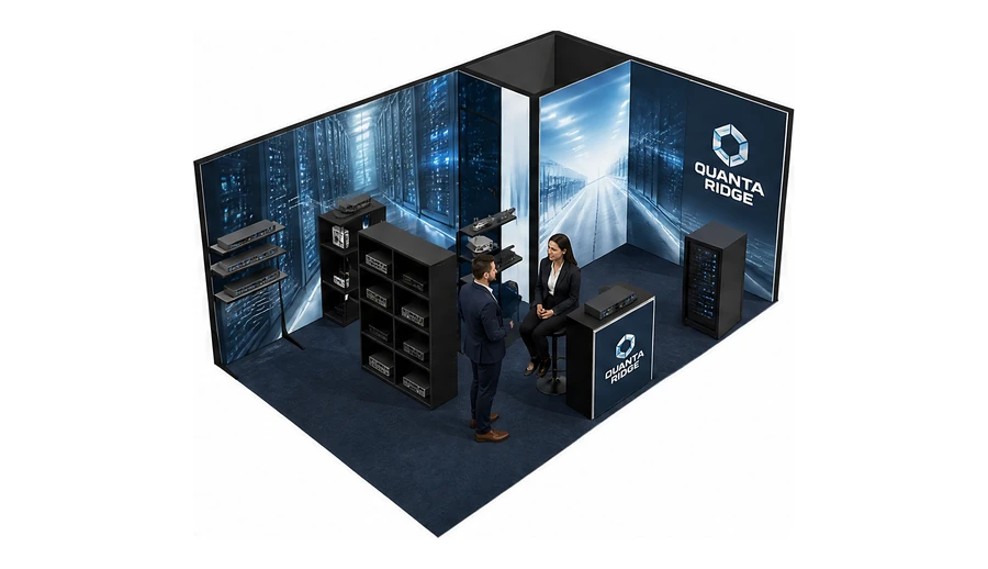 Stoisko 6 × 4 m narożne prawe dla branży infrastruktura IT i data center, przykładowa marka Quanta Ridge