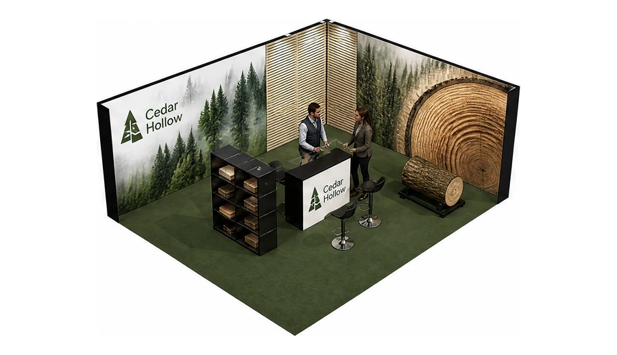 Stoisko 6 × 5 m narożne prawe dla branży leśnictwo i przemysł drzewny, przykładowa marka Cedar Hollow
