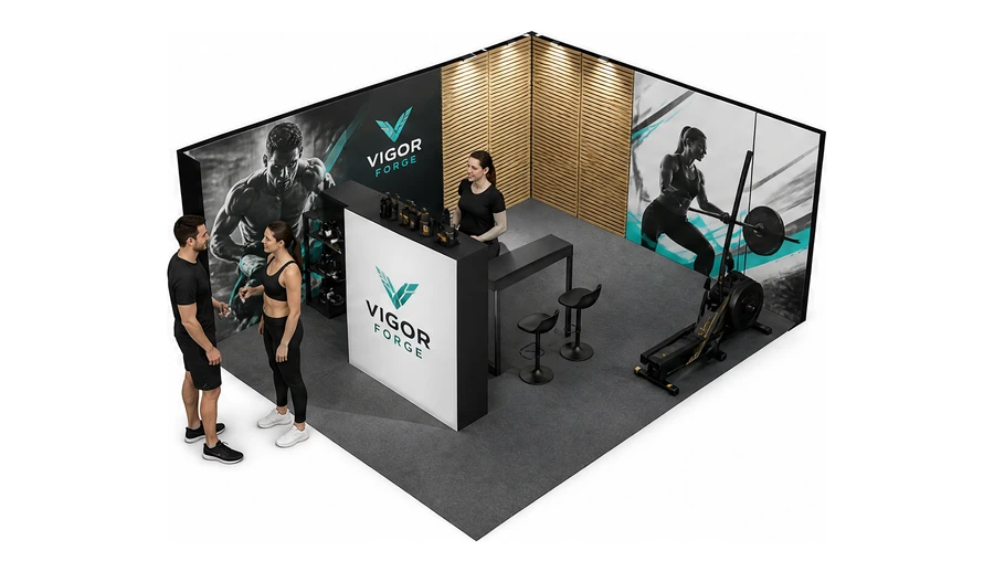 Stoisko 6 × 5 m narożne prawe dla branży fitness i siłownie, przykładowa marka Vigor Forge