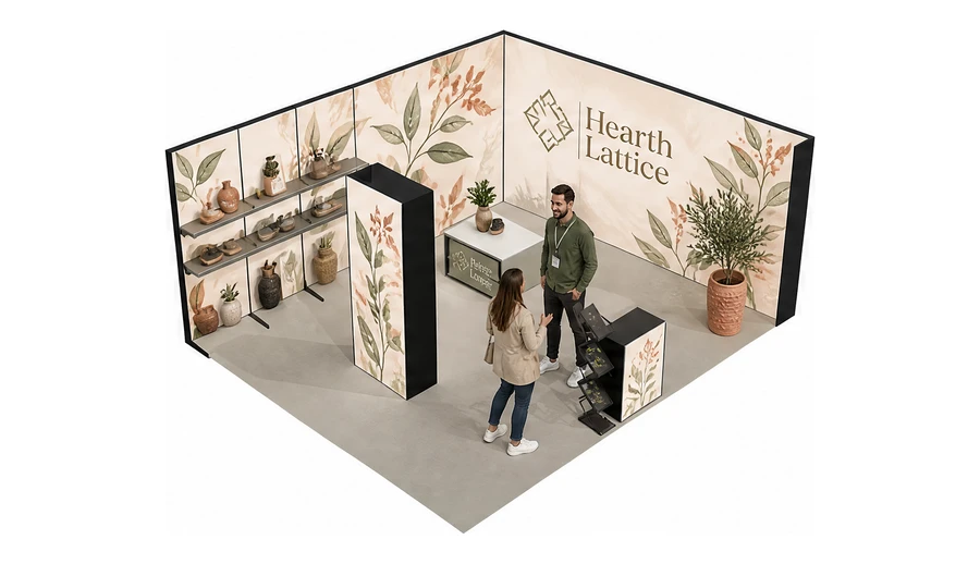Stoisko 6 × 5 m narożne prawe dla branży dekoracje i upominki, przykładowa marka Hearth Lattice