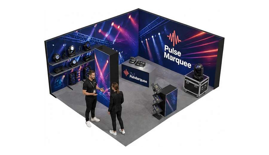 Stoisko 6 × 5 m narożne prawe dla branży branża eventowa, przykładowa marka Pulse Marquee