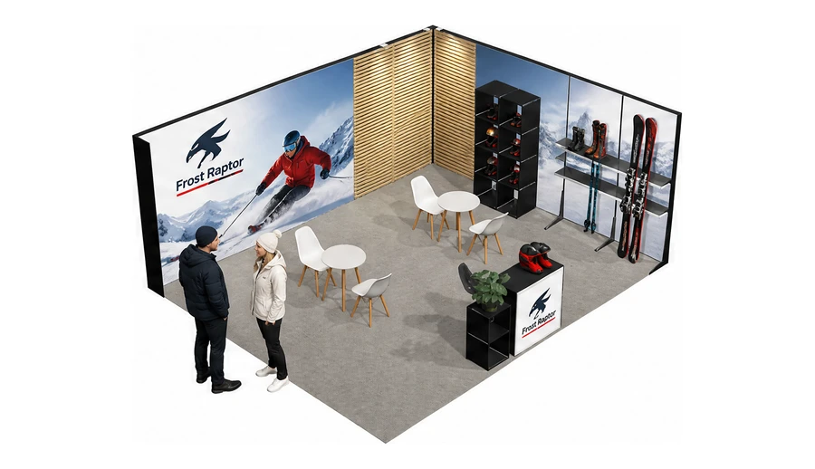 Stoisko 6 × 5 m narożne prawe dla branży narciarstwo i sporty zimowe, przykładowa marka Frost Raptor