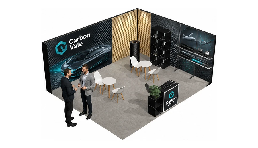 Stoisko 6 × 5 m narożne prawe dla branży materiały kompozytowe, przykładowa marka Carbon Vale