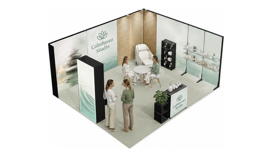Stoisko 6 × 5 m narożne prawe dla branży spa i wellness, przykładowa marka Calmhaven Studio