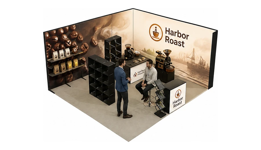 Stoisko 6 × 5 m narożne prawe dla branży palarnia kawy, przykładowa marka Harbor Roast