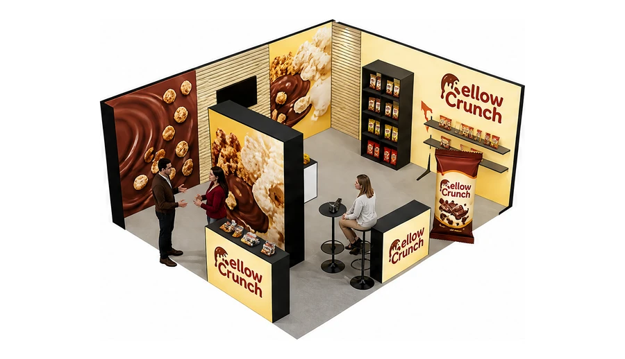 Stoisko 6 × 5 m narożne prawe dla branży słodycze i przekąski, przykładowa marka Mellow Crunch