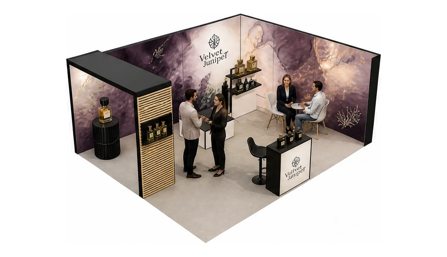 Stoisko 6 × 5 m narożne prawe dla branży perfumy, przykładowa marka Velvet Juniper