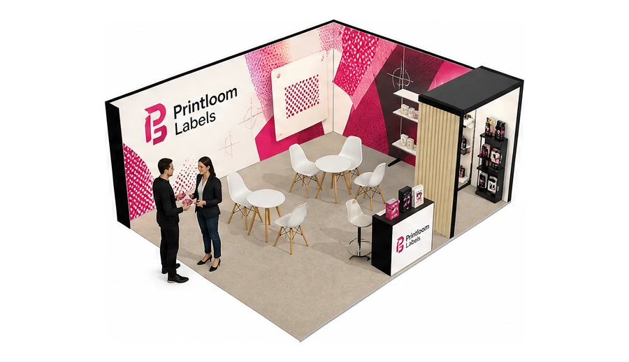 Stoisko 6 × 5 m narożne prawe dla branży etykiety i poligrafia, przykładowa marka Printloom Labels