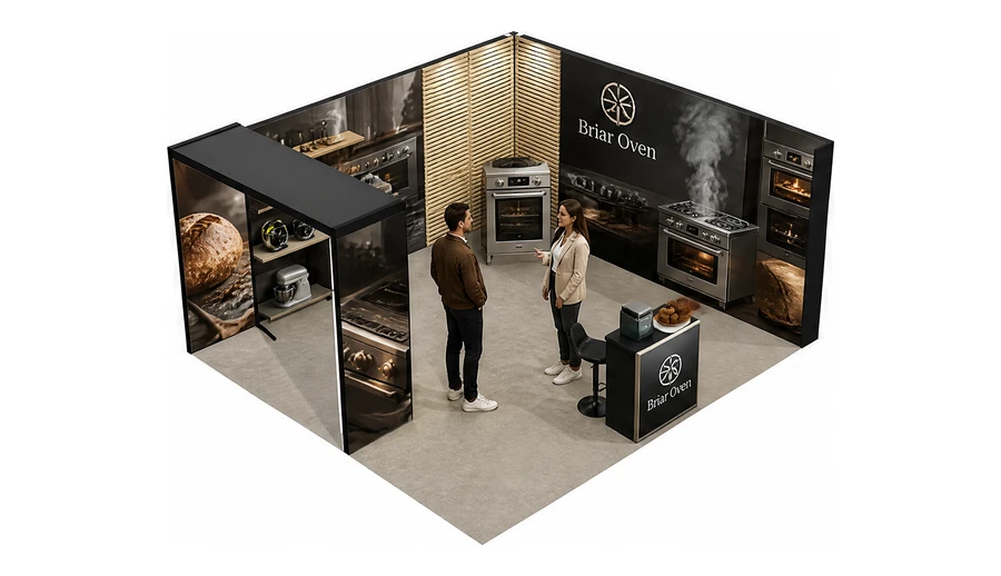 Stoisko 6 × 5 m narożne prawe dla branży sprzęt kuchenny i AGD, przykładowa marka Briar Oven