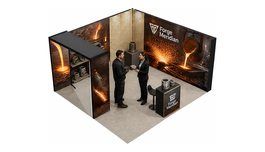 Stoisko 6 × 5 m narożne prawe dla branży obróbka metali i odlewnictwo, przykładowa marka Forge Meridian