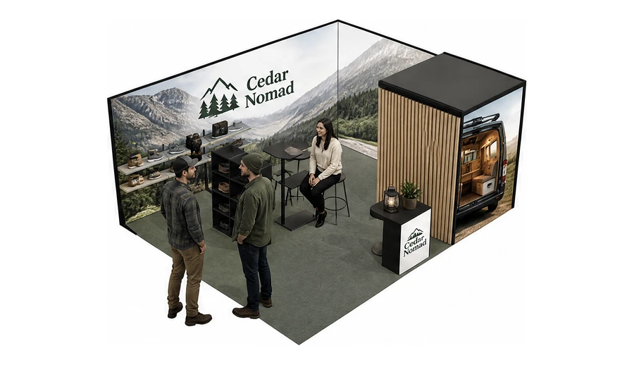 Stoisko 6 × 5 m narożne prawe dla branży caravaning i kampery, przykładowa marka Cedar Nomad