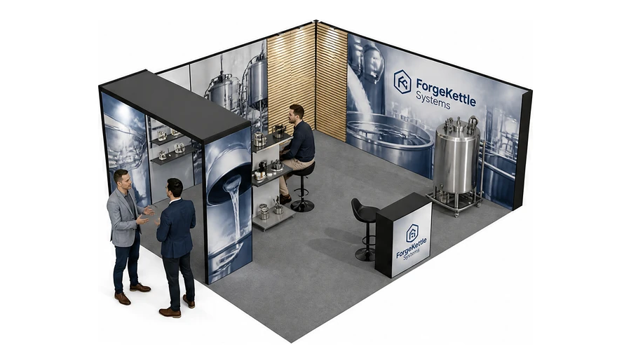 Stoisko 6 × 5 m narożne prawe dla branży technologie spożywcze, przykładowa marka ForgeKettle Systems