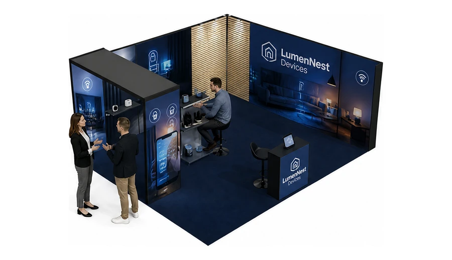 Stoisko 6 × 5 m narożne prawe dla branży smart home i IoT, przykładowa marka LumenNest Devices