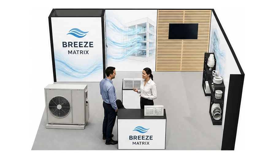 Stoisko 6 × 5 m narożne prawe dla branży wentylacja i klimatyzacja, przykładowa marka Breeze Matrix