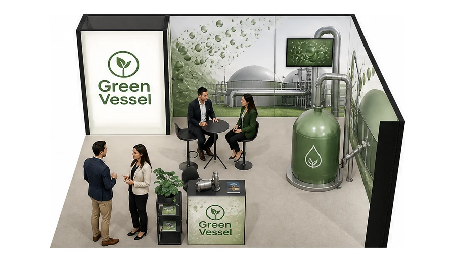 Stoisko 6 × 5 m narożne prawe dla branży biogaz i OZE, przykładowa marka Green Vessel