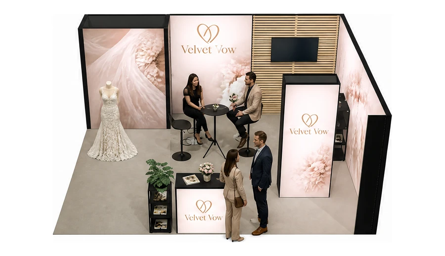 Stoisko 6 × 5 m narożne prawe dla branży branża ślubna, przykładowa marka Velvet Vow