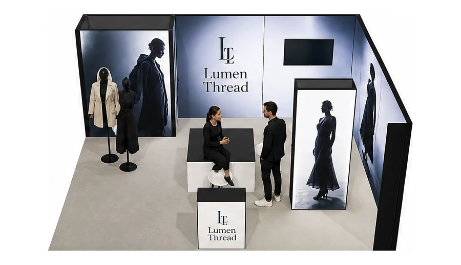 Stoisko 6 × 5 m narożne prawe dla branży odzież i moda, przykładowa marka Lumen Thread