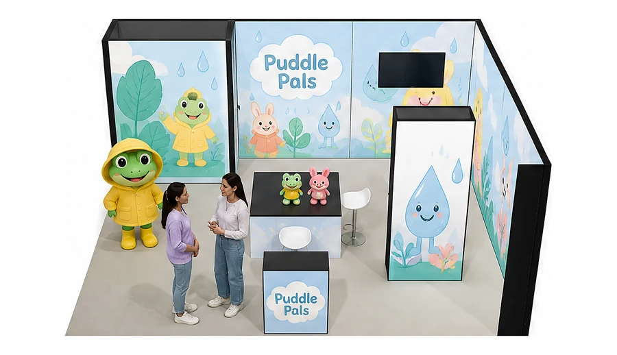 Stoisko 6 × 5 m narożne prawe dla branży zabawki i artykuły dziecięce, przykładowa marka Puddle Pals