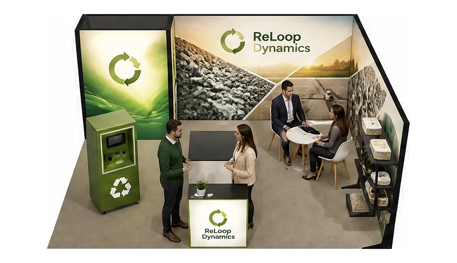 Stoisko 6 × 5 m narożne prawe dla branży recykling i ochrona środowiska, przykładowa marka ReLoop Dynamics