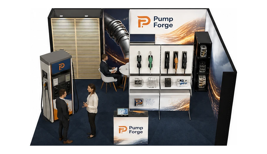 Stoisko 6 × 5 m narożne prawe dla branży stacje paliw, przykładowa marka Pump Forge